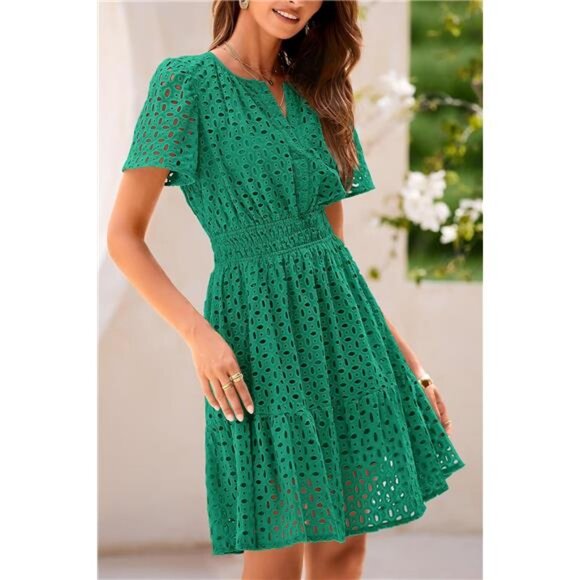 Women Short Dress V Neck Green - Picture 3 of 6